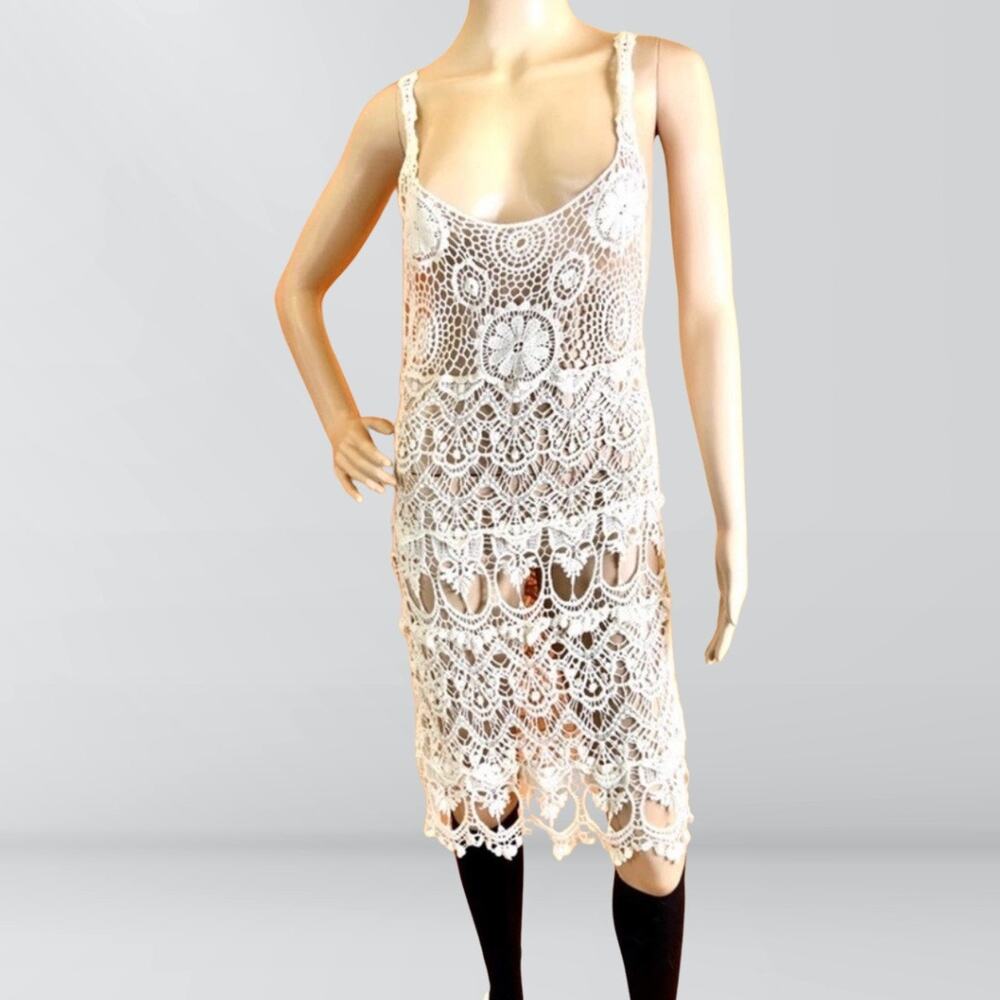 Lovely 153 Off White Boho Crochet Knee Length Dress